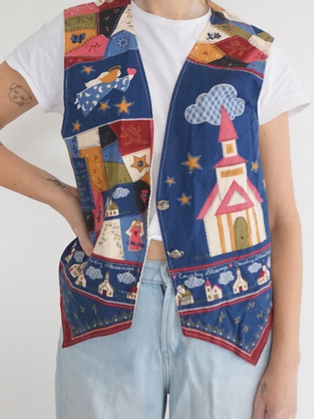 Vintage Patchwork Angel Church Cloud Cottagecore Quilted Vest S